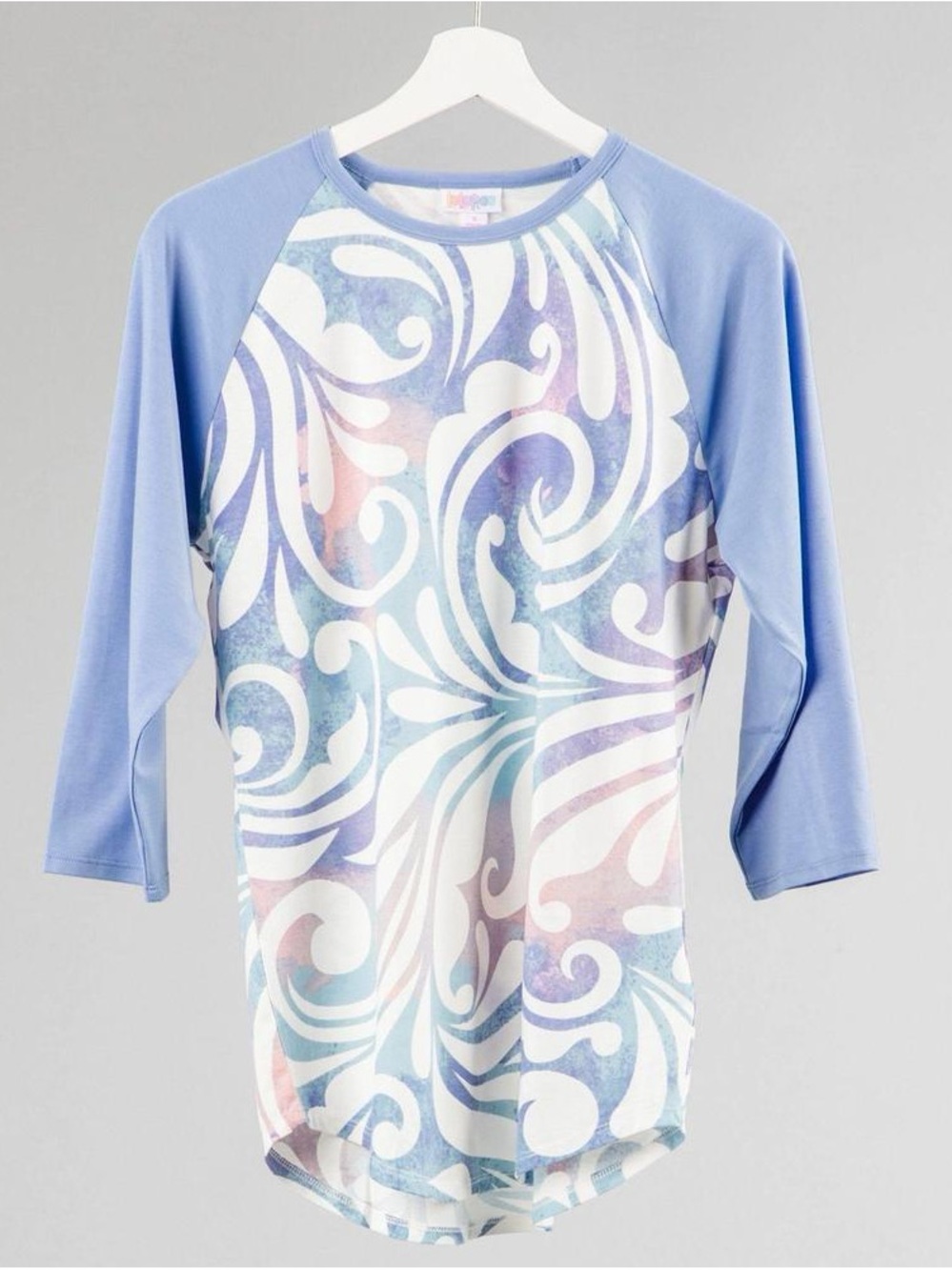 LuLaRoe Light Blue Raglan with Pastel Swirl Front